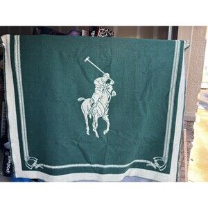 Vtg Polo Ralph Lauren Wool Blanket Green Beige Big Pony Switzerland Reversible